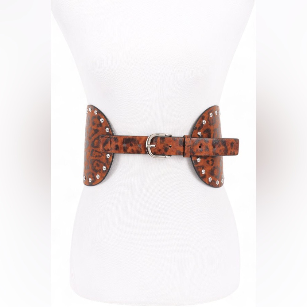 Vegan Leather Leopard Animal Print Statement Belt with Silver Accents